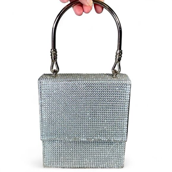 Badgley Mischka Silver Rhinestone Evening Bag Hard Shell Satchel Snap Closure - Picture 1 of 14